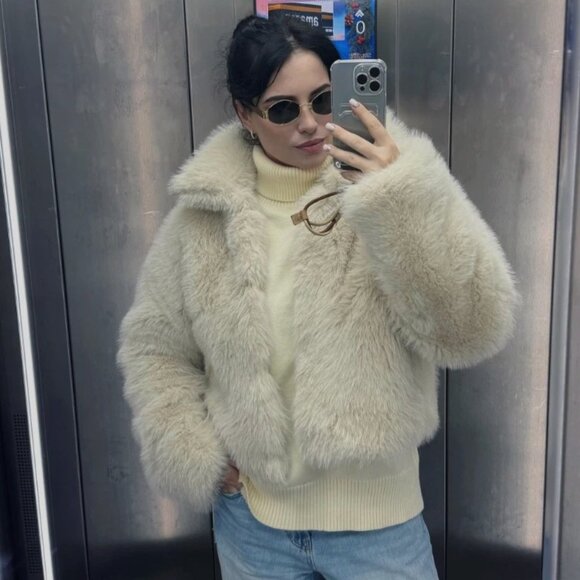 Zara Women Short Faux Fur High Neck Coat Light Beige Cream XS 5320/725 New - Picture 10 of 15